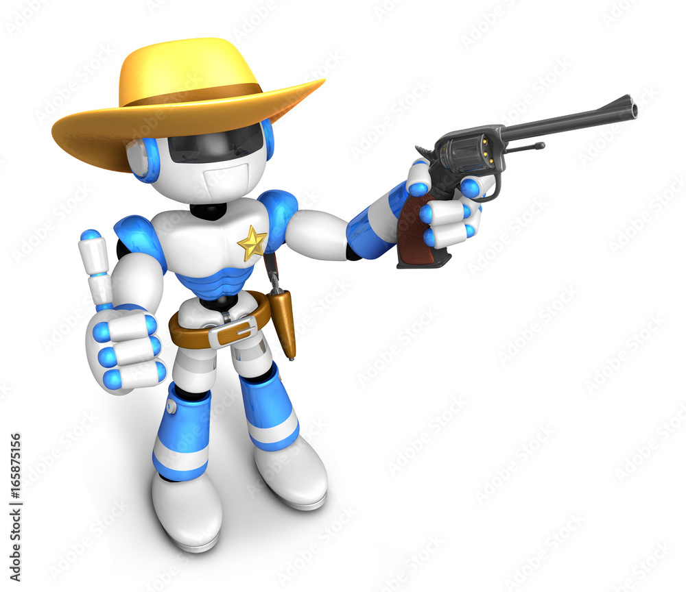 3D Blue Robot sheriff the right hand best gesture and left hand is holding  a revolver gun. Create 3D Humanoid Robot Series. Stock Illustration | Adobe  Stock