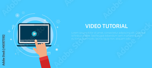 Video tutorial banner. Hand pressing a computer photo