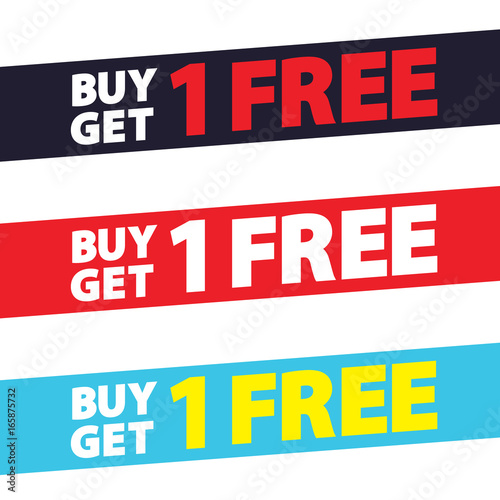 Buy Get 1 Free tag design for banner or poster. Sale and Discounts Concept. Vector illustration.