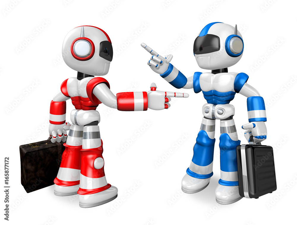 Blue robot and Red robot face each other point the finger. Create 3D Humanoid Robot Series. Blue robot and Red robot face each other point the finger. Create 3D Humanoid Robot Series.