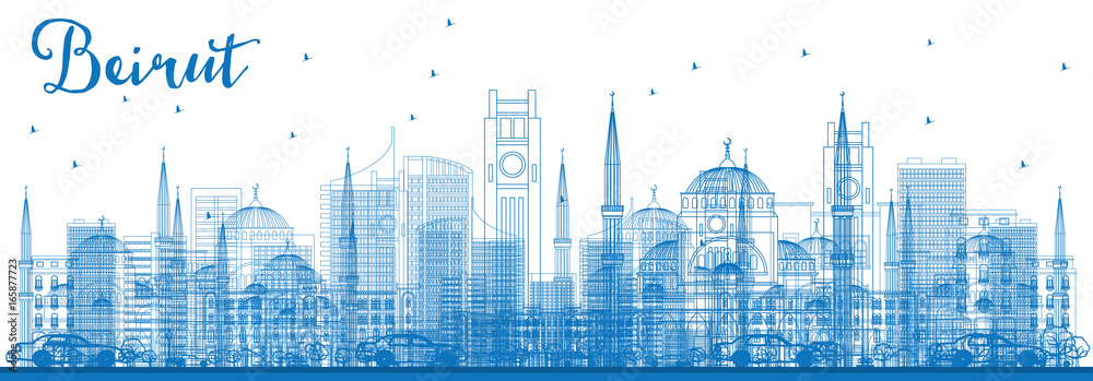 Naklejka premium Zarysuj panoramę Bejrutu z niebieskimi budynkami.
