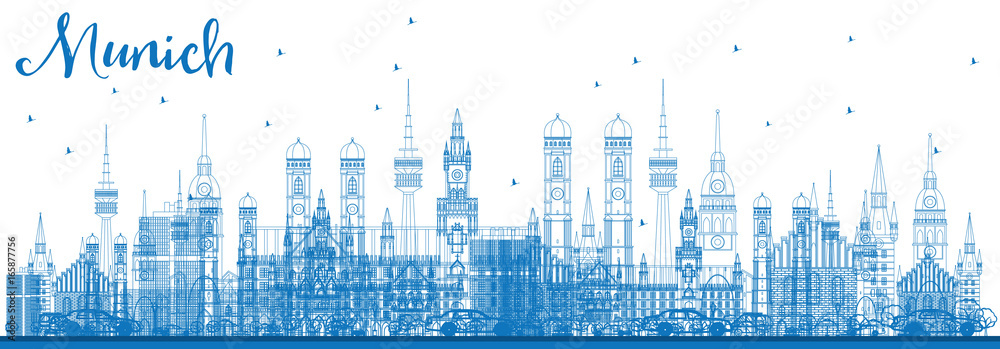 Outline Munich Skyline with Blue Buildings.