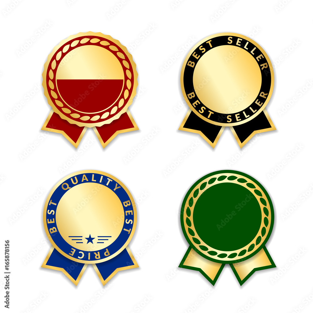 Award ribbons isolated set. Gold blue design medal, label, badge, certificate. Symbol best sale, price, quality, guarantee success, achievement. Golden ribbon award decoration Vector illustration Award ribbons isolated set. Gold blue design medal, label, badge, certificate. Symbol best sale, price, quality, guarantee success, achievement. Golden ribbon award decoration Vector illustration