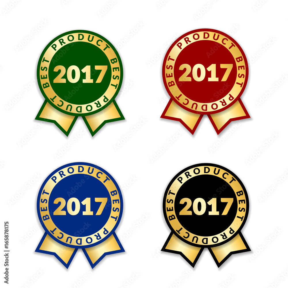 Ribbons award best product of year 2017 set. Gold ribbon award icon isolated white background. Best product golden label for prize, badge, medal, guarantee quality product Vector illustration