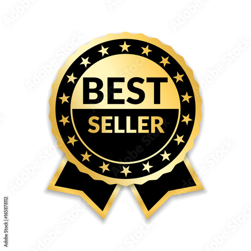 Ribbon award best seller. Gold ribbon award icon isolated white background. Bestseller golden tag sale label, badge, medal, guarantee quality product, business certificate Vector illustration