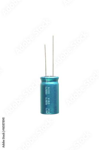 Blue electrolytic capacitor Isolated on white background, Electronics part concept.