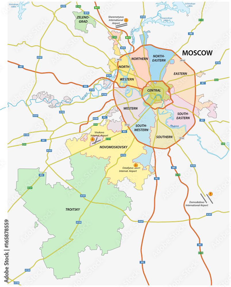 Administrative and political and road map of the Russian capital Moscow