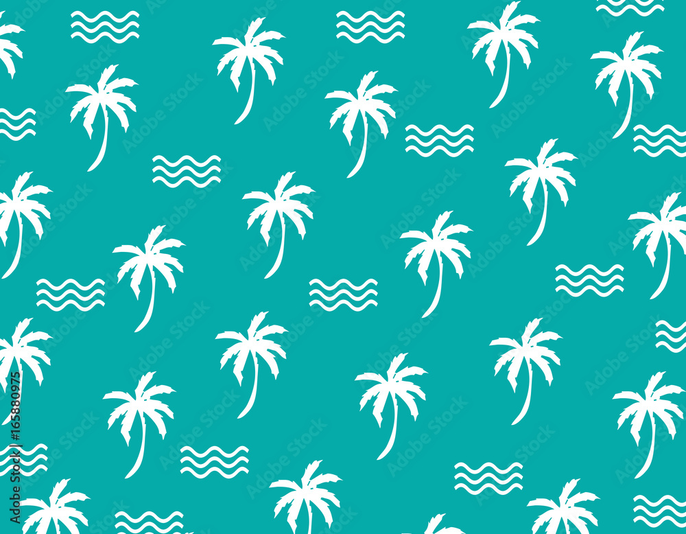 Background. Summer. Flat monochrome summer pattern. Wrapping paper summer pattern. Cute doodle summer pattern with palm tree and waves.