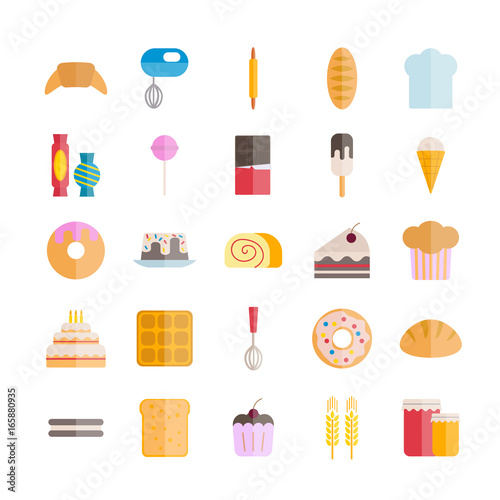 Collection of bakery and pastry flat icons. Modern vector icons for web design