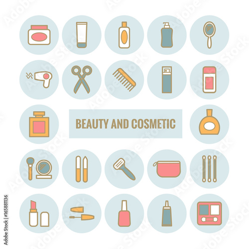 Set of vector outline beauty and cosmetic icons. Modern flat icons for web design