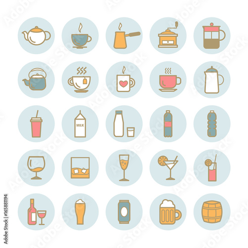 Collection of vector outline drinks icons for web and mobile apps