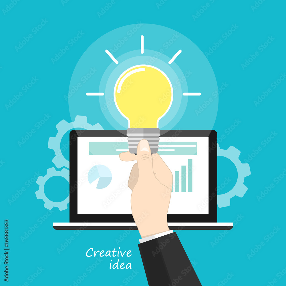 laptop lightbulb hand idea working vector laptop lightbulb hand idea working vector