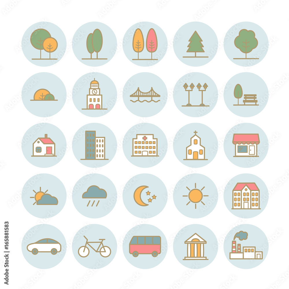 Set of vector linear icons of city landscape elements. Flat icons for web, moblile, print design