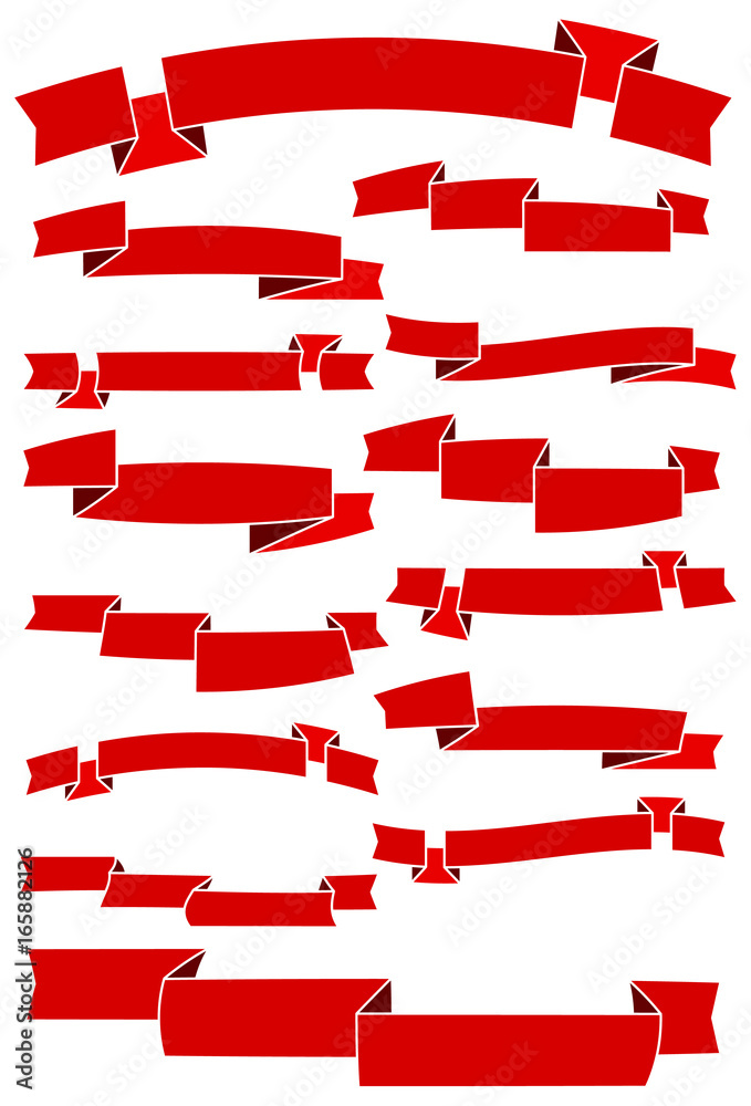 Set of fifteen red cartoon ribbons and banners for web design. Great design element isolated on white background. Vector illustration.
Set of fifteen red cartoon ribbons and banners for web design. Great design element isolated on white background. Vector illustration.