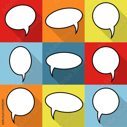 Set of nine cartoon comic balloon speech bubbles in flat style. Elements of design comic books without phrases. Vector illustration
