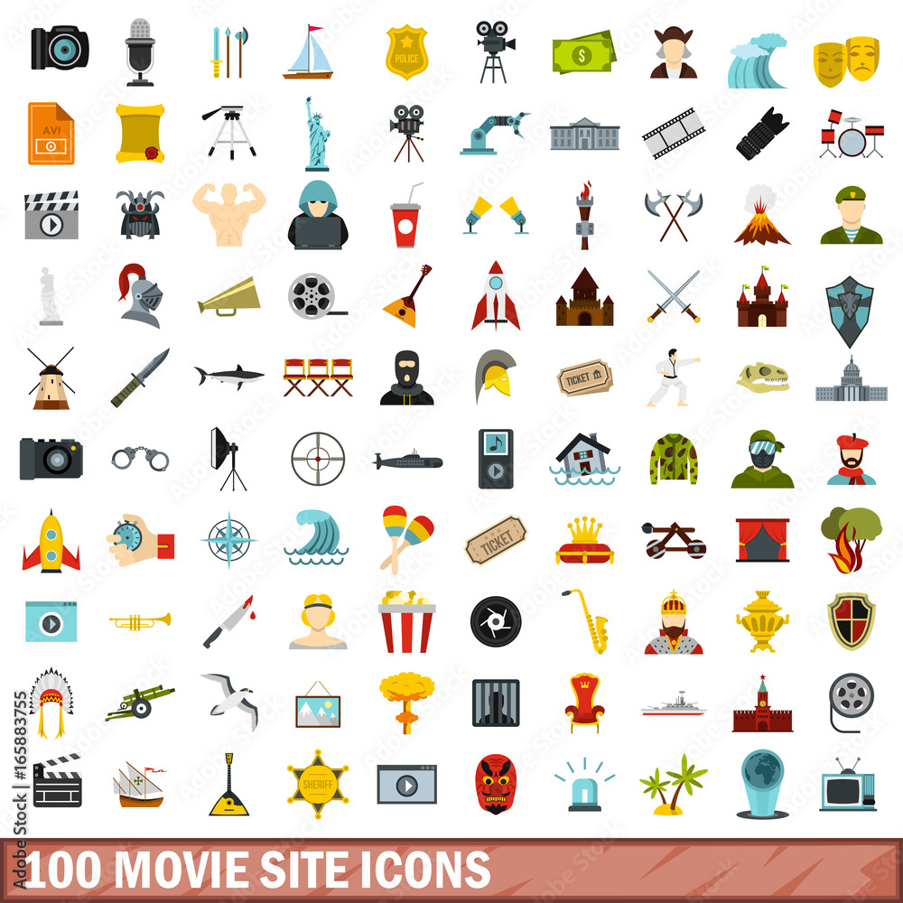 100 movie site icons set, flat style 
