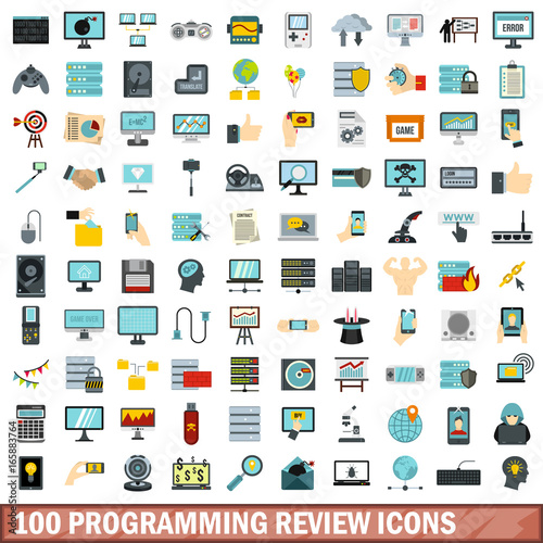 100 programming review icons set, flat style