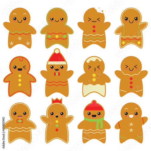 Cute Gingerbread Man Set In White Background