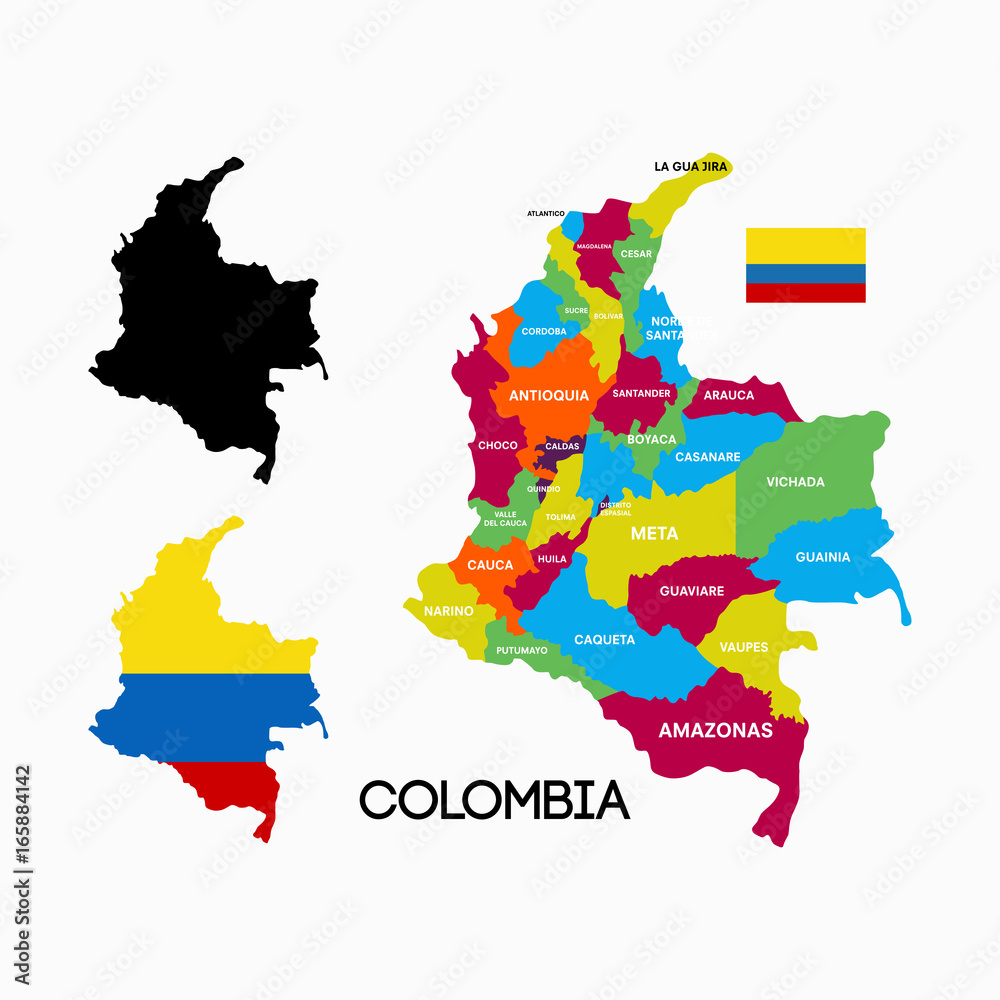 Fototapeta colombia map with city name and flag designs vector illustration