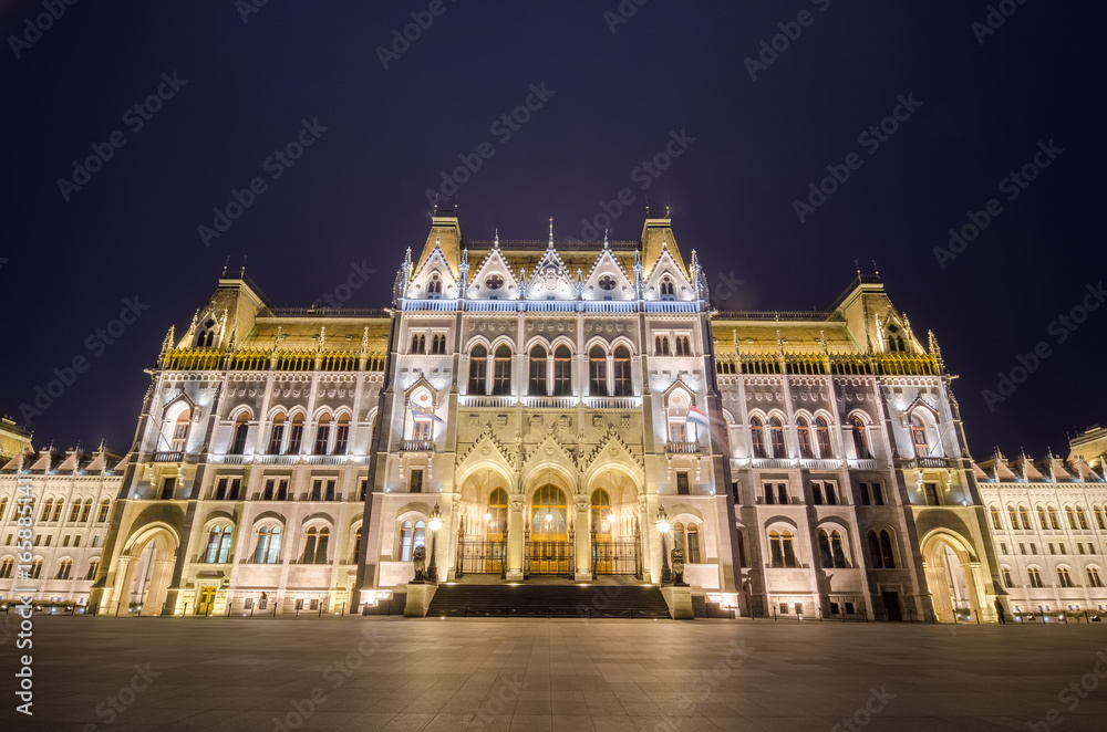Night view of the Hungarian Parliament Building in Budapest, Hungary