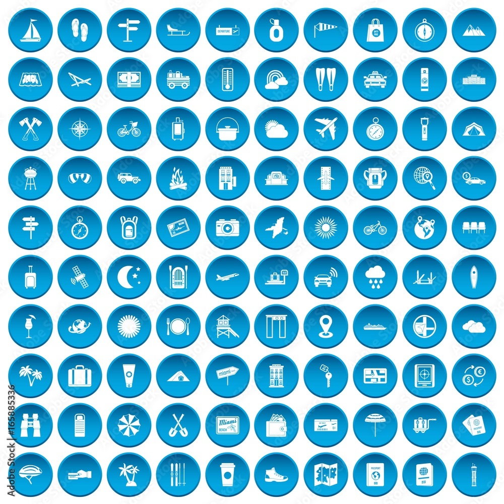 100 tourist trip icons set blue 100 tourist trip icons set blue