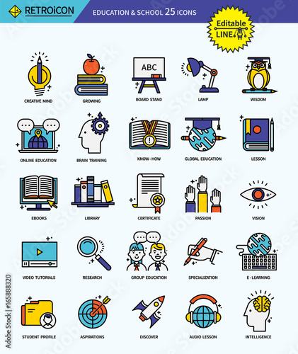 Modern retro thin line icons set of education & school 2. Premium quality outline symbol set. Simple linear pictogram pack. Editable line series