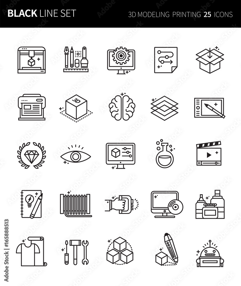 Modern thin black line icons set of 3d modeling printing . Premium quality outline symbol set. Simple linear pictogram pack. Editable line series Modern thin black line icons set of 3d modeling printing . Premium quality outline symbol set. Simple linear pictogram pack. Editable line series