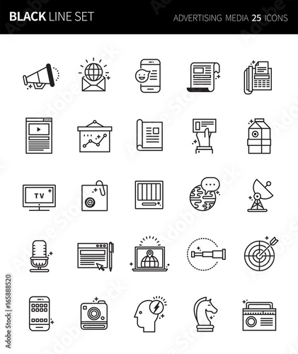Modern thin black line icons set of advertising media. Premium quality outline symbol set. Simple linear pictogram pack. Editable line series