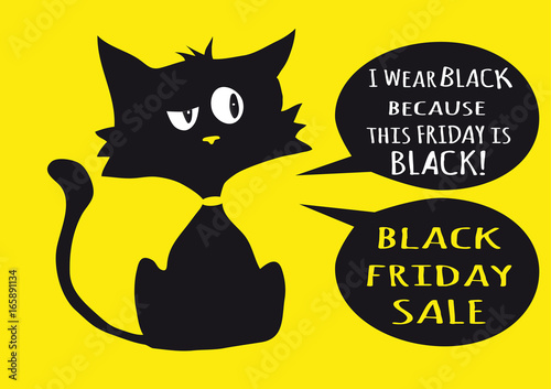 Fototapeta Naklejka Na Ścianę i Meble -  Black friday sale poster with black cat on yellow background a two bubble labels with text