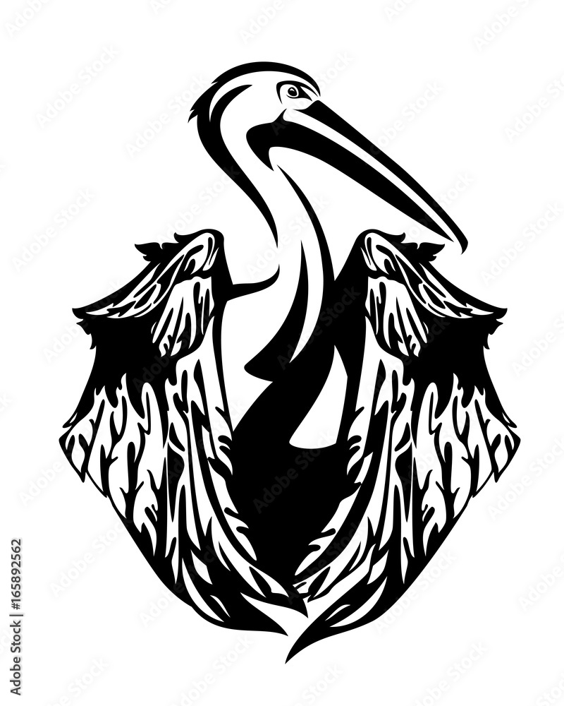 pelican bird with folded wings - black and white vector design Stock