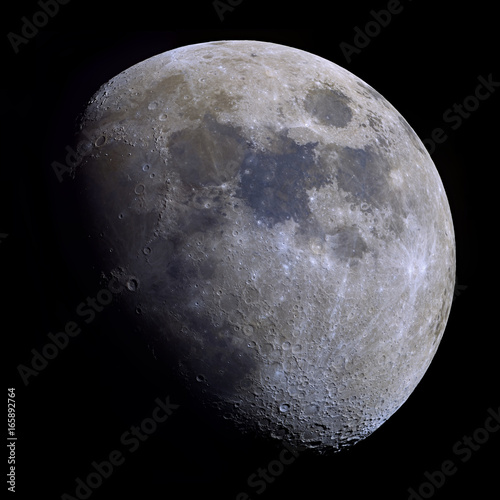 Very high detail Gibbous Moon shot at 2.700mm focal length. 30 panel mosaic with increased saturation to highlight the mineral composition of the moon's surface.