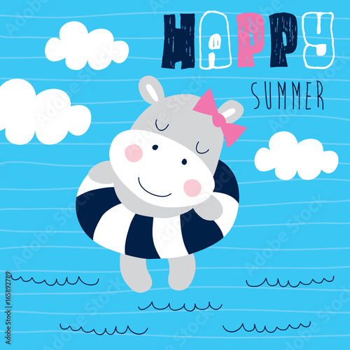 cute hippo girl on the beach vector illustration