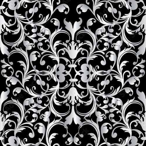 Baroque seamless pattern. Floral damask black background wallpaper illustration with vintage white 3d flowers, scroll leaves and antique baroque ornaments in Victorian style.Vector black white texture