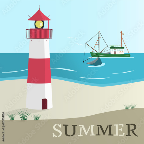 Summer landscape. North Sea at the beach with lighthouse and typical fishing boat.