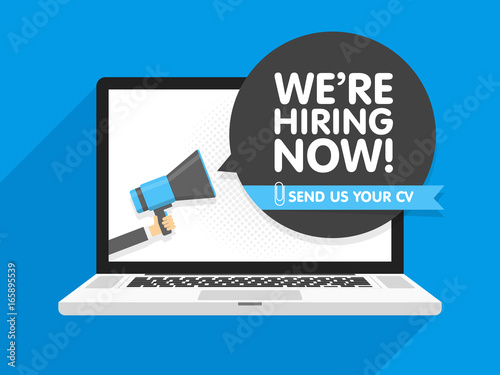 Hand holding Megaphone. Speech sign text we are hiring now. Send us your cv. Vector illustration