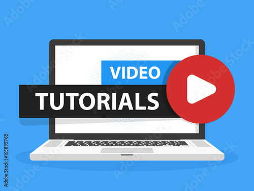 Online video tutorials education button in Laptop notebook computer screen. Play lesson concept. Vector illustration
