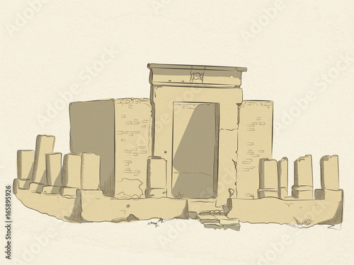vector colored sketch of the ruins of a Christian sanctuary in the temple of Amun-RA in Luxor. Egypt. on old paper background.