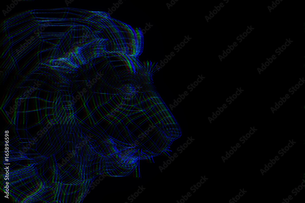 Lion in Hologram Wireframe Style. Nice 3D Rendering
