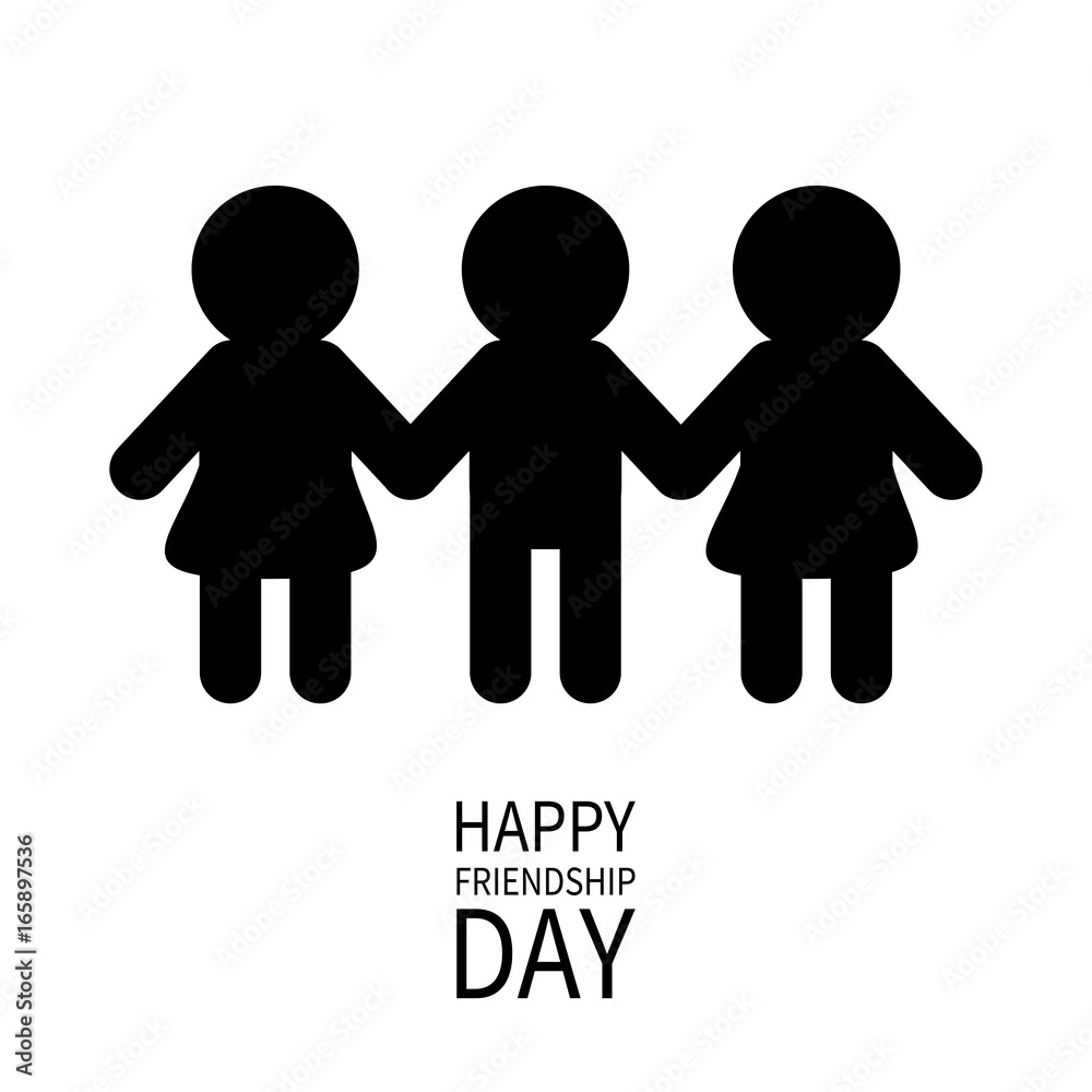 Happy Friendship Day. Two black woman female and one man male silhouette sign symbol. Boys girls holding hands icon. Friends forever. White background Flat design. Happy Friendship Day. Two black woman female and one man male silhouette sign symbol. Boys girls holding hands icon. Friends forever. White background Flat design.