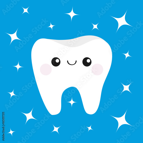 Healthy white tooth icon with happy smiling face and eyes. Cute cartoon character. Oral dental hygiene. Children teeth care. Shining effect stars sign symbol. Blue background. Flat design.