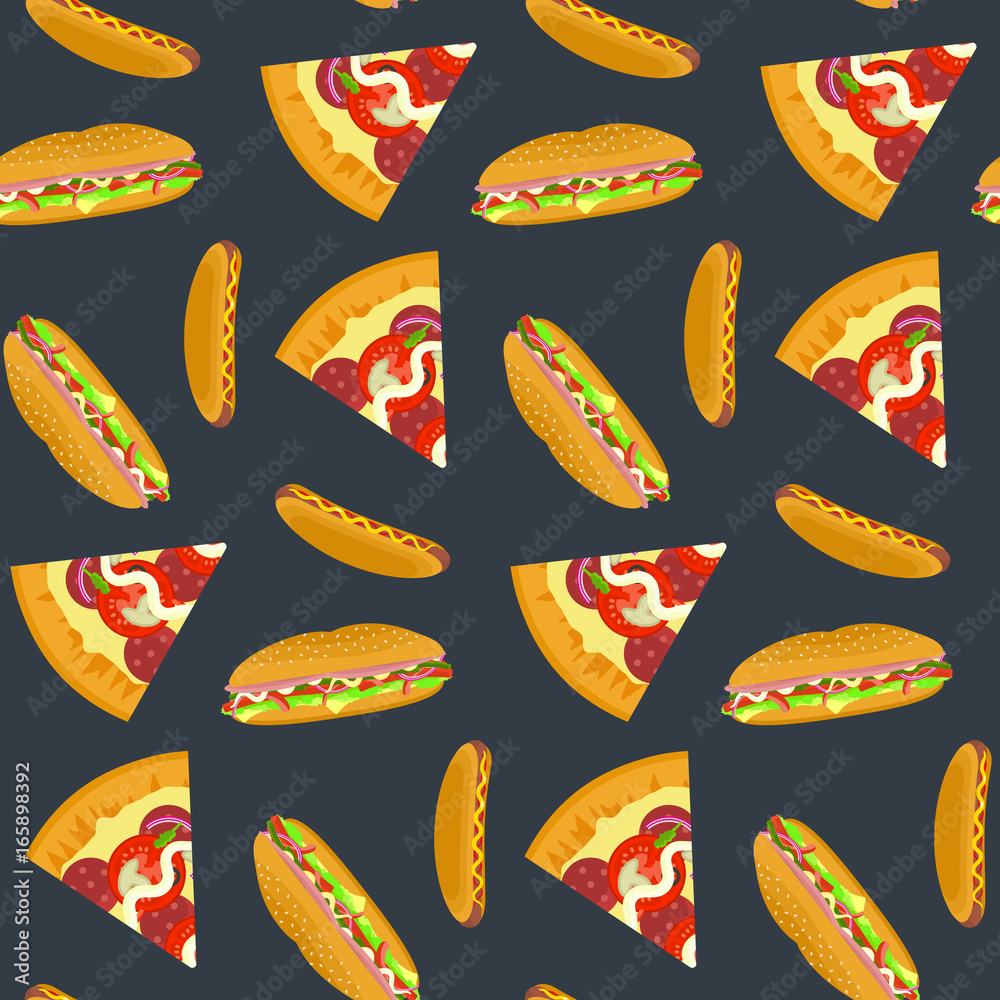 Flat bright color fastfood pattern with pizza, hotdog and sandwich on dark  background. Nice fast food texture for textile, wallpaper, background,  cover, banner, bar and cafe menu design Stock Vector | Adobe