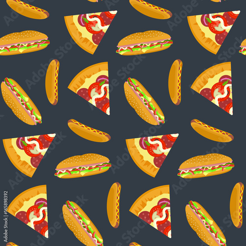 Flat bright color fastfood pattern with pizza  hotdog and sandwich on dark background. Nice fast food texture for textile  wallpaper  background  cover  banner  bar and cafe menu design