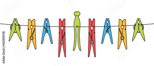 Various clothes or laundry pins set on the rope isolated