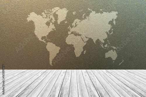 Frosted glass texture, with white wood terrace and world map © pongmoji