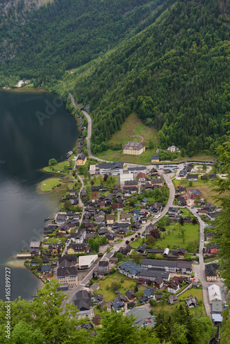 Fantastic aerial view on famous Hallstatt village and alpine lake, Austrian Alps, Salzkammergut, Austria, Europe