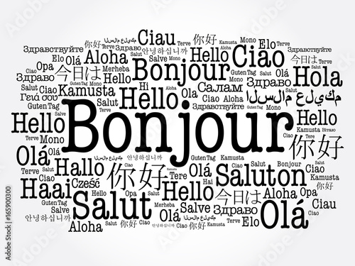 Bonjour (Hello Greeting in French) word cloud in different languages of the world, background concept