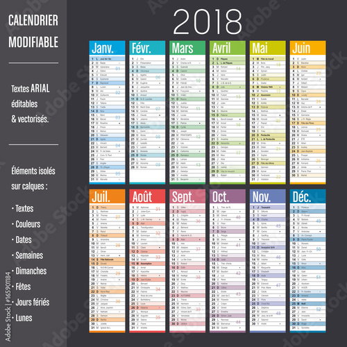 Calendrier 2018 modifiable (éléments isolés sur calques, textes en ARIAL éditables et vectorisés)