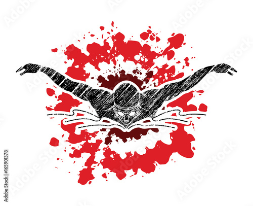 Swimming butterfly, man swimming designed on splatter texture graphic vector