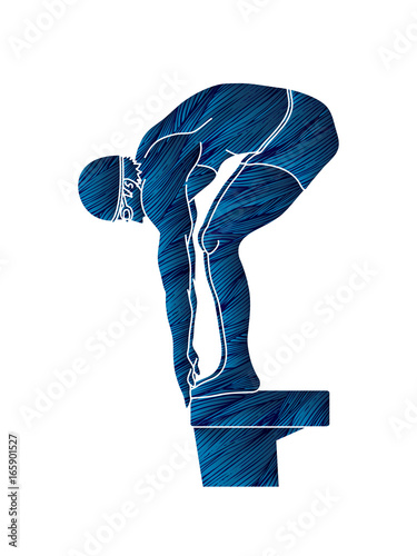 Swimmer prepare to jumping designed using blue grunge brush graphic vector.