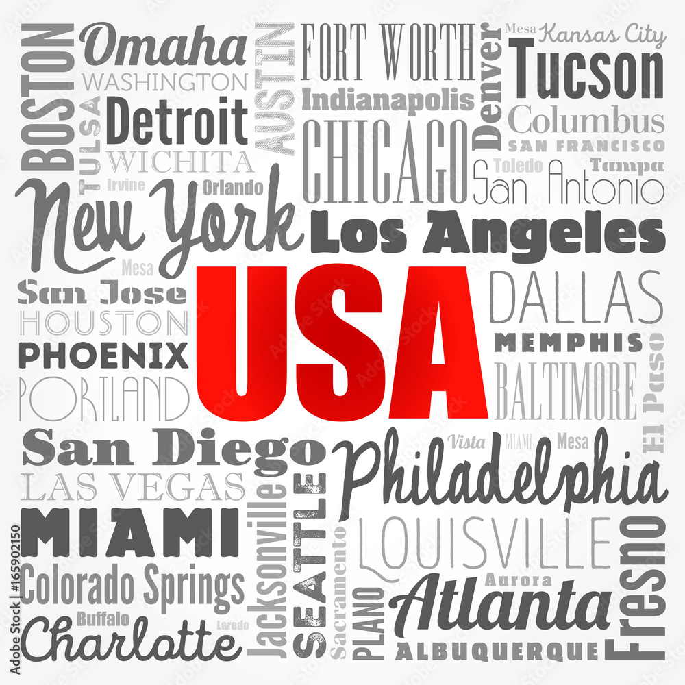 USA cities names word cloud collage, concept background